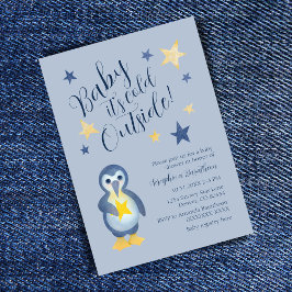 Blue Yellow Star Penguin Baby shower Kaart