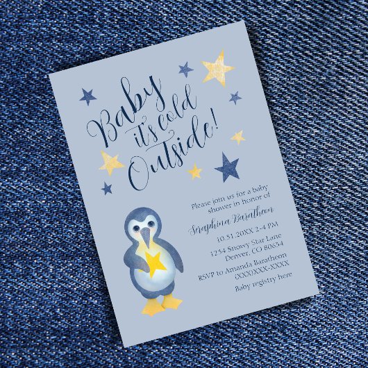 Blue Yellow Star Penguin Baby shower Kaart