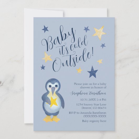 Blue Yellow Star Penguin Baby shower Kaart (Voorkant)