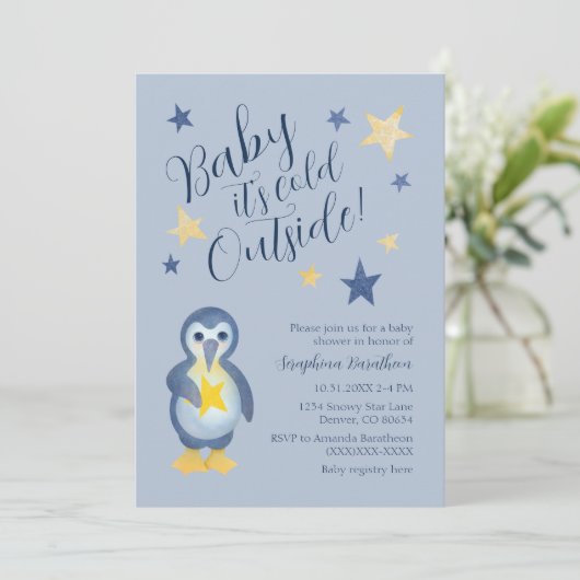 Blue Yellow Star Penguin Baby shower Kaart (Staand voorkant)