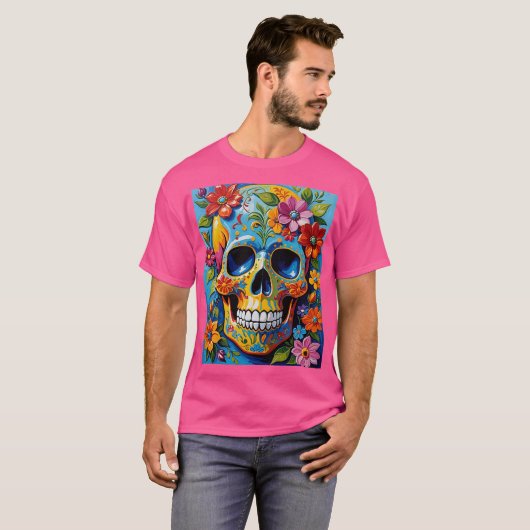 Blue Yellow Sugar Skull Flower Shirt (Voorkant volledig)