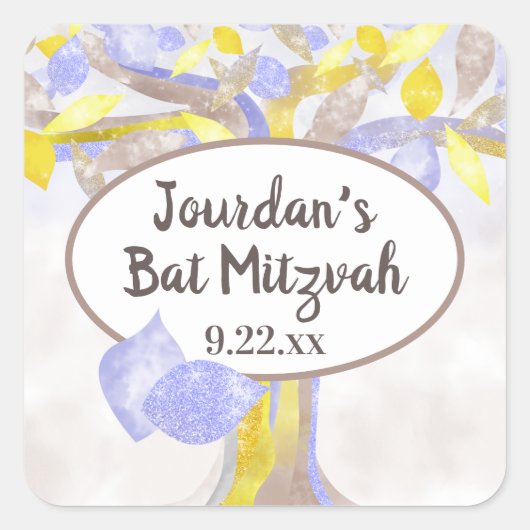 Blue & Yellow Tree of Life Bat Mitzvah Sticker (Voorkant)