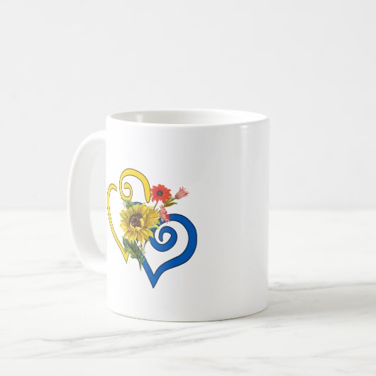 Blue Yellow Twisted Heart met Sunflower Bouquet Mok (Voorkant links)