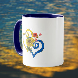 Blue Yellow Twisted Heart met Sunflower Bouquet Mok