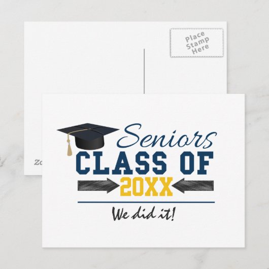 Blue Yellow Typography Afstuderen Gear Aankondigingskaart (Voorkant / Achterkant)