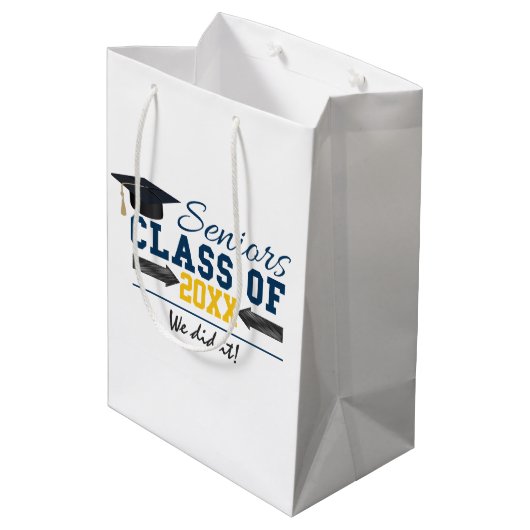 Blue Yellow Typography Afstuderen Gift Bag Medium Cadeauzakje (Achterkant Gekanteld)