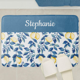 Blue Yellow Watercolor Lemon Monogram Badmat