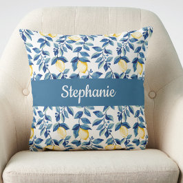 Blue Yellow Watercolor Lemon Monogram Name Kussen