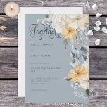 Blue Yellow & White Floral Wedding Invitation Kaart<br><div class="desc">Dit prachtige ontwerp is voorzien van stoffige blauwe,  bleek gele en witte bloemen op een stoffige blauwe achtergrond. Deze kaart maakt deel uit van de Blue,  Yellow & White Floral Wedding Suite van kaarten die zijn gemaakt door de Pers van de Pantserij.</div>