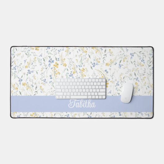 Blue Yellow Wildflower Pattern Custom Name Bureaumat (Keyboard & Muis)
