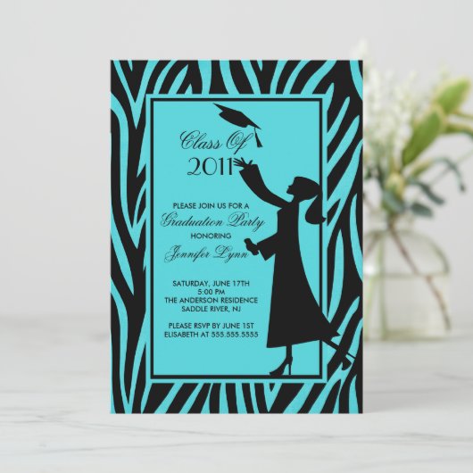 Blue Zebra Afstuderen Invitation Silhouette Afstud Kaart (Staand voorkant)