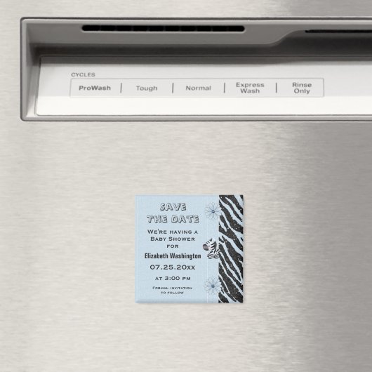 Blue Zebra & Flowers Baby shower Save the Date Magneet (Insitu (Vaatwasser))
