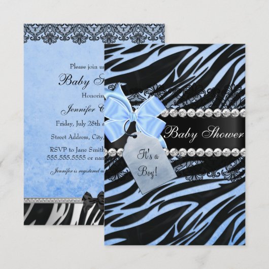 Blue Zebra Print Boy Baby shower Uitnodiging (Voorkant / Achterkant)