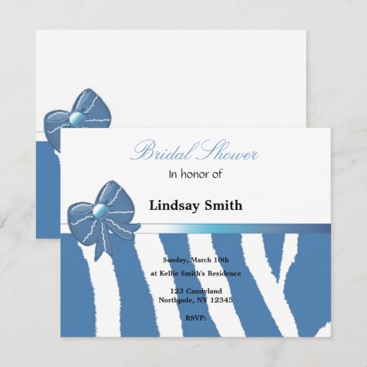 Blue Zebra Print Bridal Shower Uitnodiging (Voorkant / Achterkant)