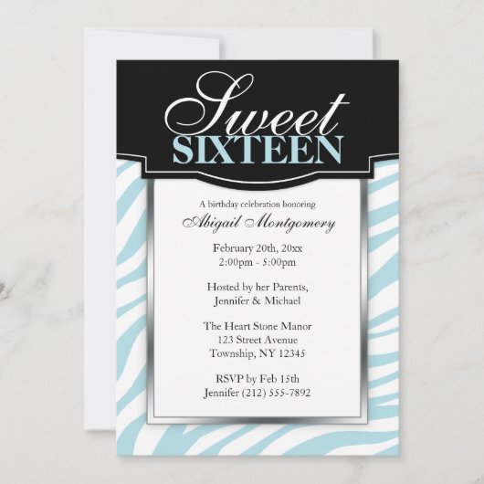 Blue Zebra Print Sweet 16 Birthday-uitnodigingen Kaart (Voorkant)