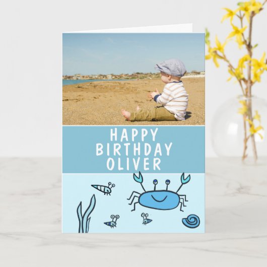Blue Zee Animals Crab Shell Boy Verjaardagsfoto Kaart (Gele Bloem)