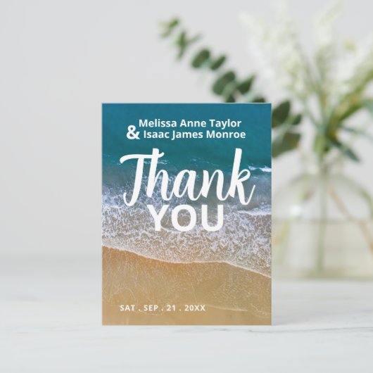 Blue Zee Beach bruiloft dank u Briefkaart (Staand voorkant)