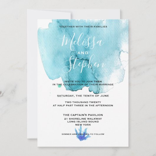 Blue Zee Foam Waterverf Beach Weddenschap Kaart (Voorkant)