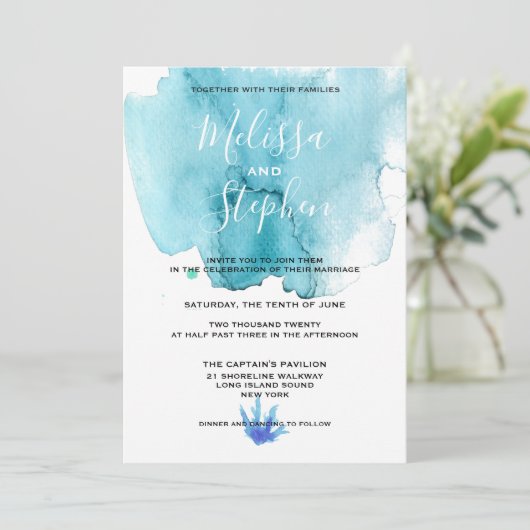 Blue Zee Foam Waterverf Beach Weddenschap Kaart (Staand voorkant)