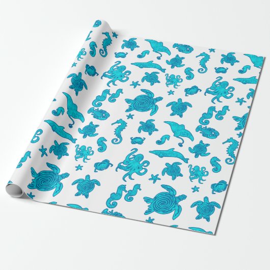 Blue Zee Life Pattern op White Cadeaupapier (Uitgerold)