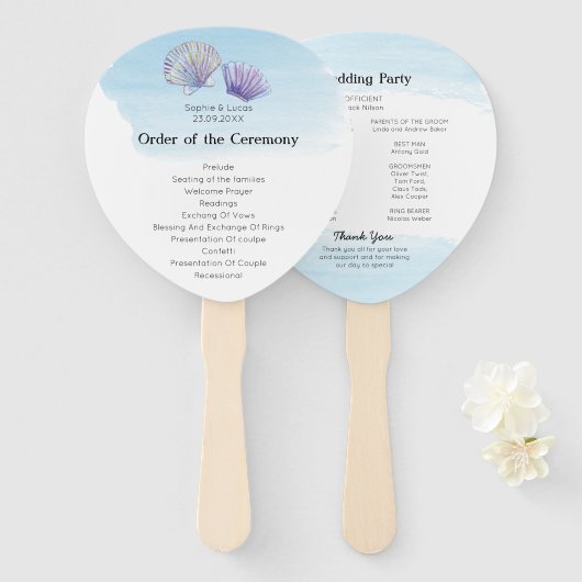 Blue Zee Waterverf Theme Wedding Programme Handwaaier (Voorkant en achterkant)