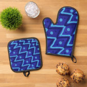 Blue Zig Zags Dots Funky Pattern  Ovenwant & Pannenlap Set (Top down)