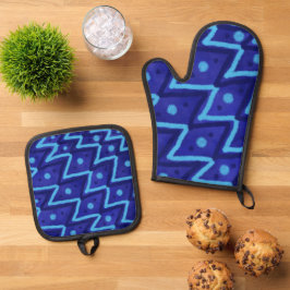 Blue Zig Zags Dots Funky Pattern  Ovenwant & Pannenlap Set