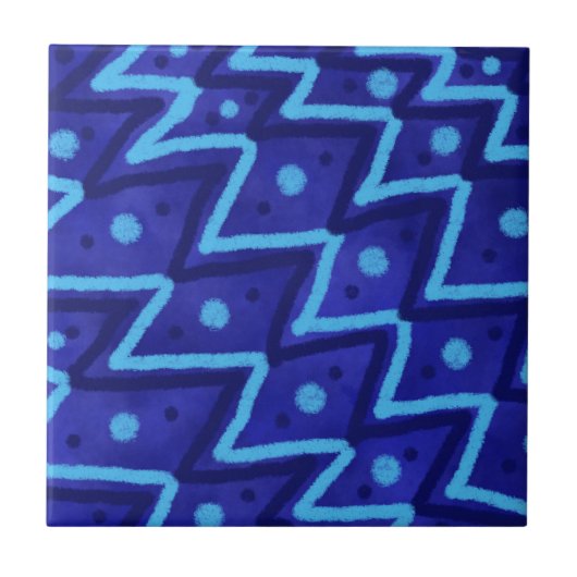 Blue Zig Zags Dots Funky Pattern  Tegeltje (Voorkant)