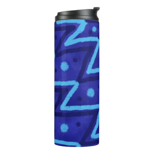 Blue Zig Zags Dots Funky Pattern  Thermosbeker (Gedraaid links)