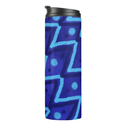Blue Zig Zags Dots Funky Pattern  Thermosbeker (Geroteerd rechts)
