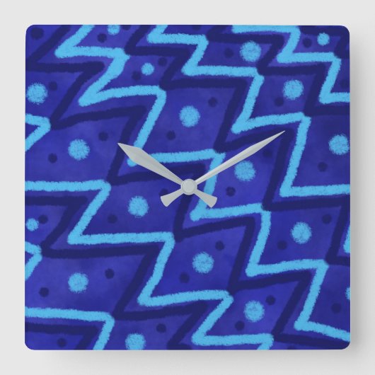 Blue Zig Zags Dots Funky Pattern Vierkante Klok (Voorkant)