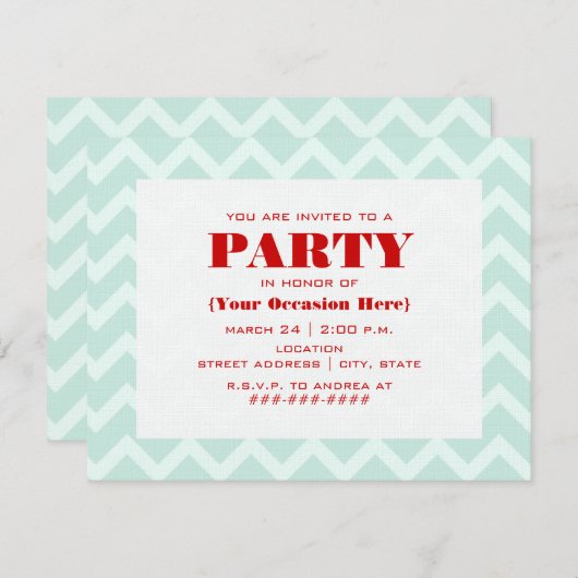 Blue Zigzag & Red Party Invitation Kaart (Voorkant / Achterkant)