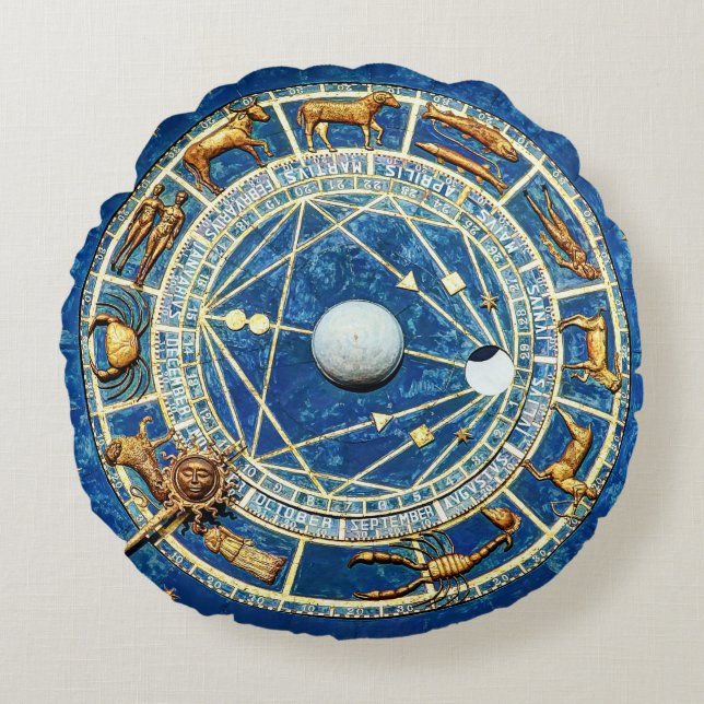 Blue Zodiac Astrologie Geboorte / Zon Tekenen Goud Rond Kussen (Voorkant)