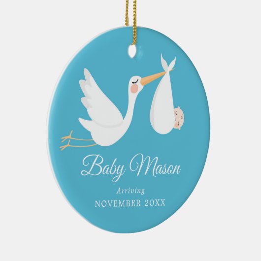 Blue zwangerschapsaankondiging baby boy keramisch ornament (Rechts)