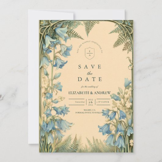 Bluebell Art Nouveau Wedding Save The Date (Voorkant)