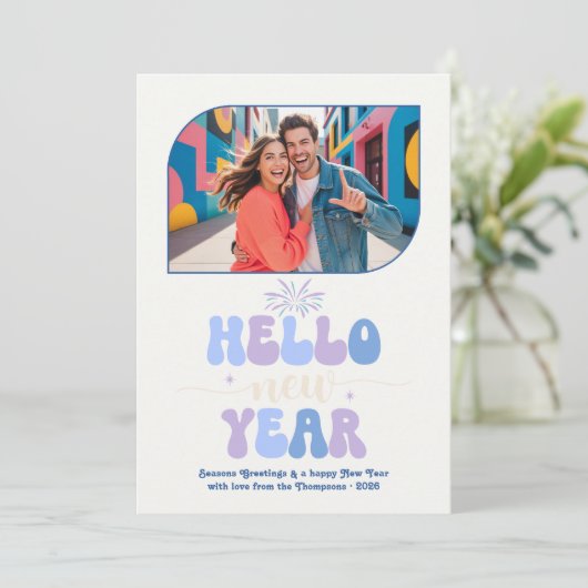 Bluebell Dream Hello New Year Blue Retro Photo Feestdagenkaart (Staand voorkant)