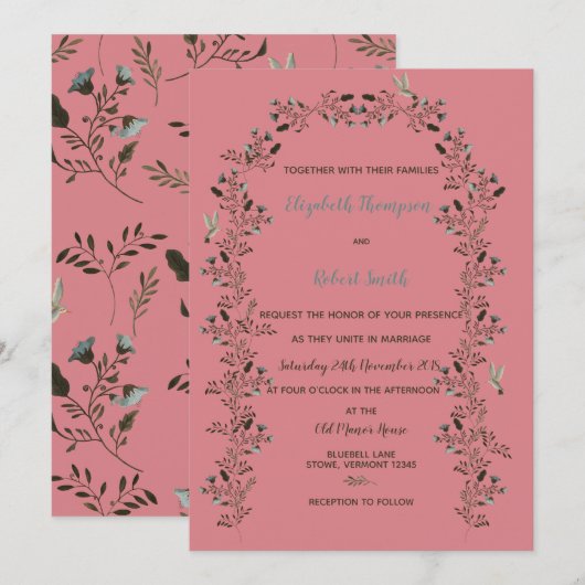 Bluebell Wildflowers Arch Wedding Set Dusty Roos Kaart (Voorkant / Achterkant)