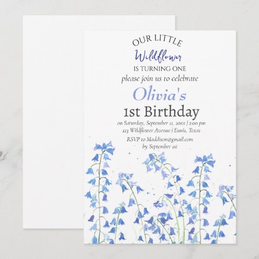 Bluebells 1e Verjaardag Blauwe Bloemen Kaart (Voorkant / Achterkant)