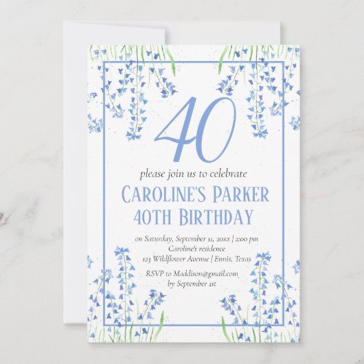 Bluebells 40th Verjaardag Blauw Bloemen Botanisch Kaart (Voorkant)