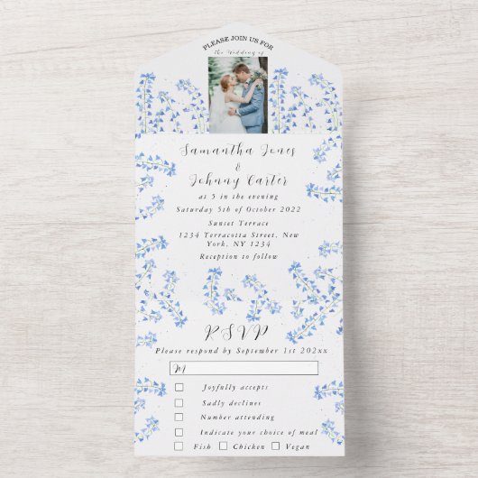 Bluebells Blauw Bloemen Waterverf Foto Bruiloft All In One Uitnodiging (Binnen)