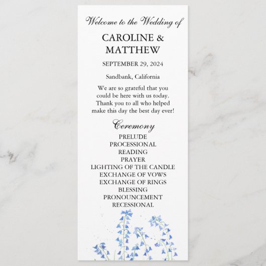 Bluebells Blauw Bloemen Waterverf Rustieke Bruilof Programmakaart (Voorkant)