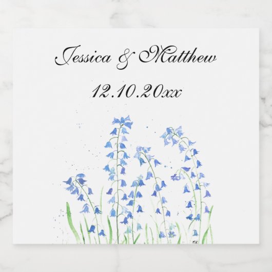 Bluebells Blauwe bloemenbruiloft Waterverf natuur Likeurfles Etiket (Enkel label)