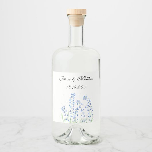 Bluebells Blauwe bloemenbruiloft Waterverf natuur Likeurfles Etiket (Voorkant)