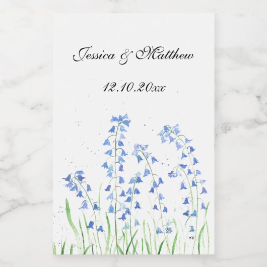Bluebells Blauwe bloemenbruiloft Waterverf natuur Wijn Etiket (Enkel label)