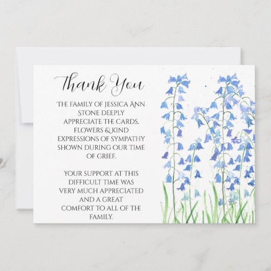 Bluebells Blue Floral begrafenis dood dank u Kaart (Voorkant)