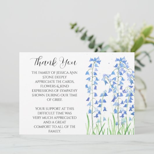 Bluebells Blue Floral begrafenis dood dank u Kaart (Staand voorkant)