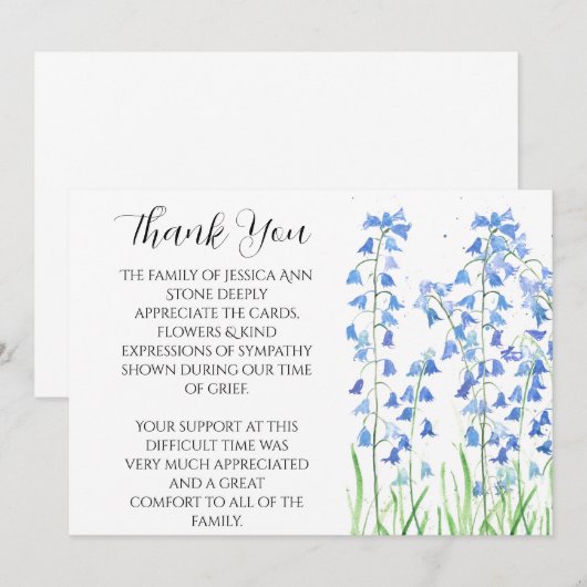 Bluebells Blue Floral begrafenis dood dank u Kaart (Voorkant / Achterkant)