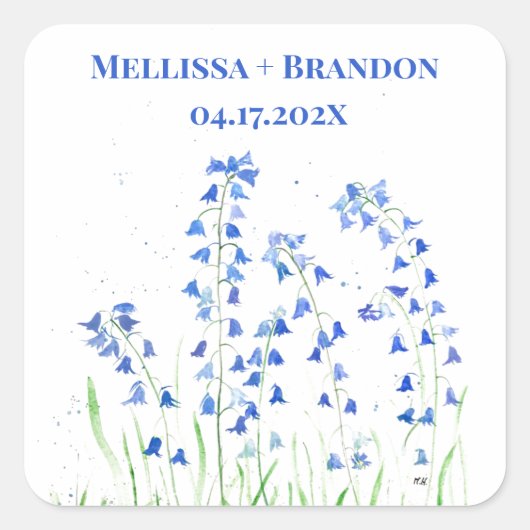 Bluebells Blue Floral Zomer Waterverf botanisch Vierkante Sticker (Voorkant)