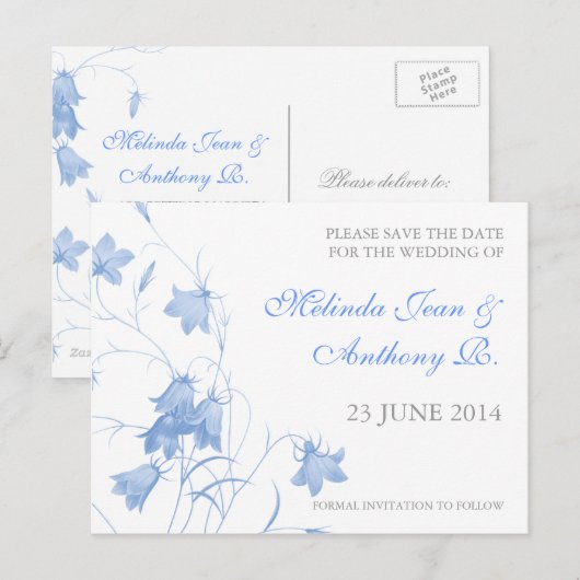Bluebells - Blue Save the Date Briefkaart (Voorkant / Achterkant)