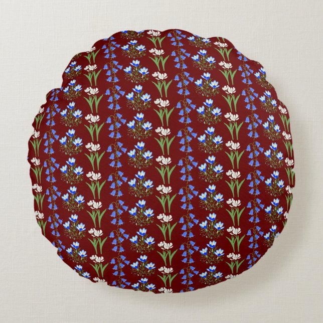 Bluebells, Krokussen & Tulpen Rond Kussen Maroon (Voorkant)